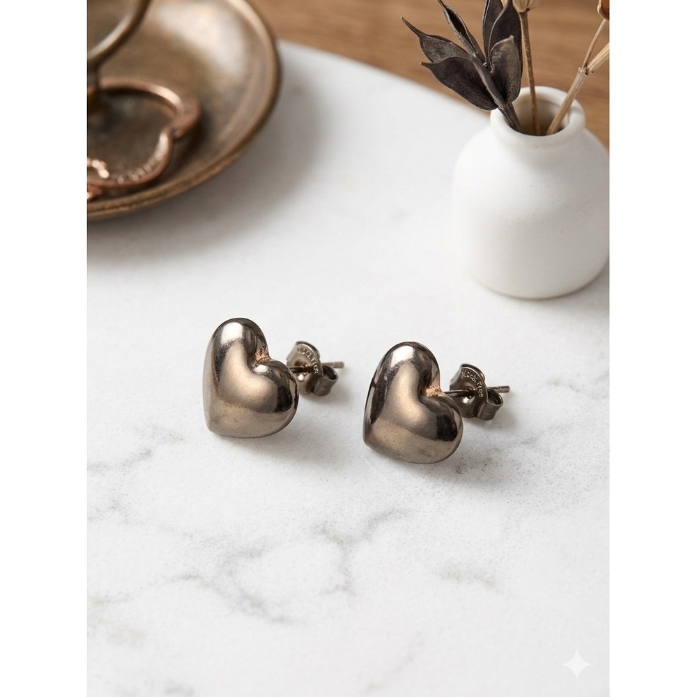 Ophelia Roe Womens Hematite Tone Puffed Heart Stud Earrings Nickel Free NEW